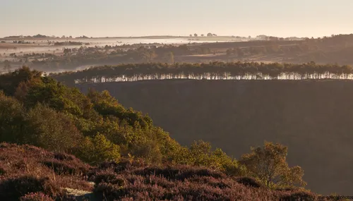 This landscape photograph captures Curbar Edge in Derbyshire, United Kingdom, during an autumn sunrise. The main subject is an autumn tree ridge that stretches across the scene, with leaves displaying seasonal colors. Mist rises from the rural Peak District landscape, creating a soft atmospheric effect above the fields and woodland areas. The image highlights the beauty of nature in this region of the United Kingdom, with the characteristic escarpment of Curbar Edge visible in the background. Taken in the morning, the low angle of sunlight enhances the warm tones of autumn foliage and emphasizes the textures across the ridge and surrounding moorland. The overall setting showcases the tranquil and picturesque scenery typical of the Peak District in autumn.